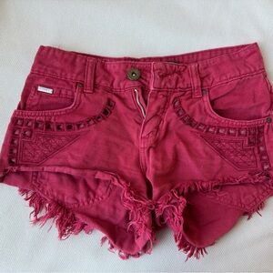 Women's Deep Pink Embellished Denim Cutoff Summer Shorts